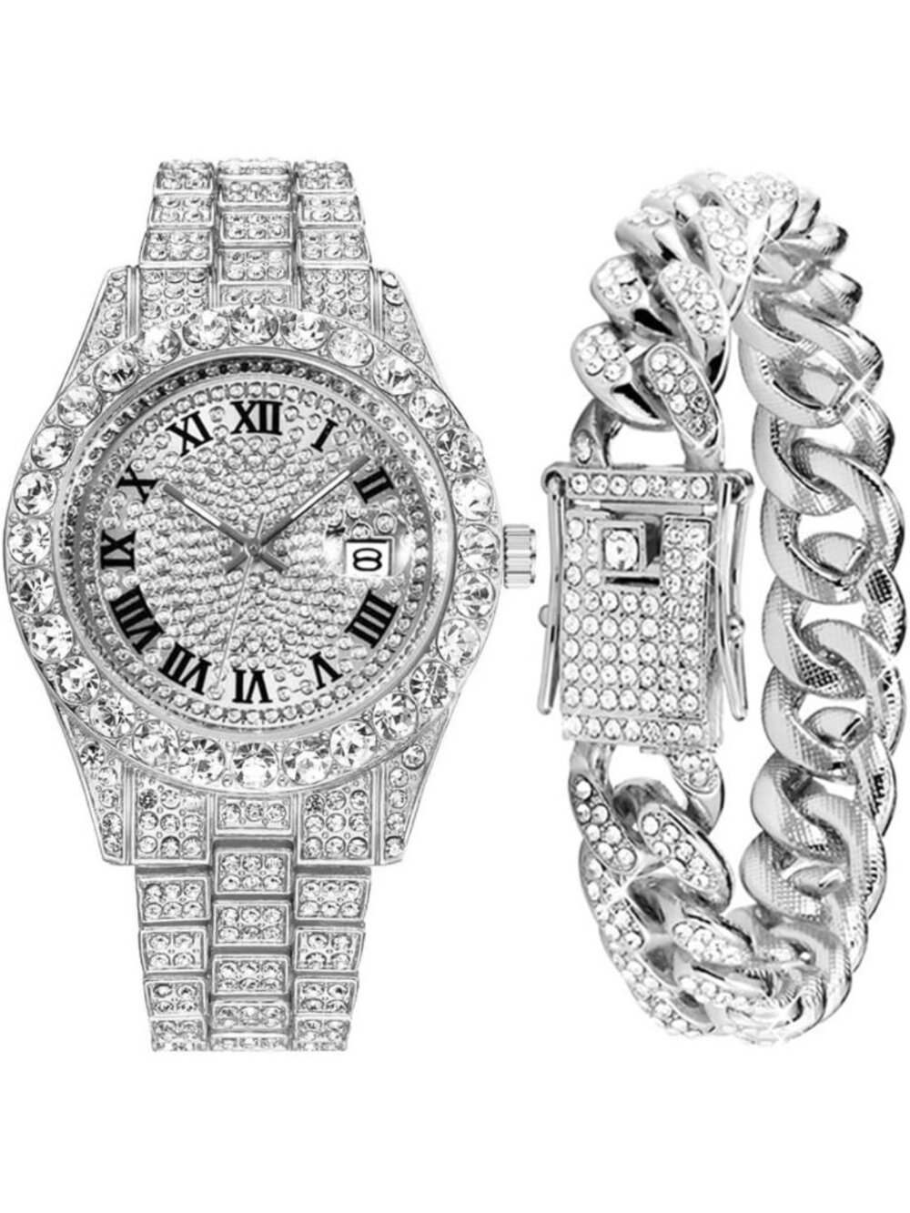 Iced-Out Cuban Link Bracelet Watch Set for Men | Luxury Quartz with Date & Bling